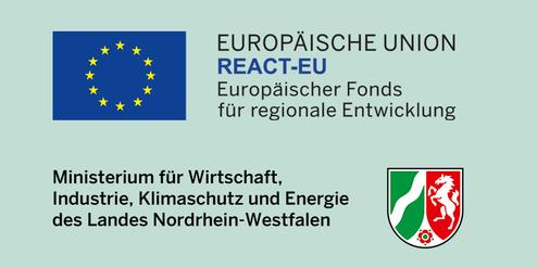 Logo der Europäischen Union und des Ministeriums für Wirtschaft, inklusive Text zu REACT-EU in deutschem und englischem Schriftzug.