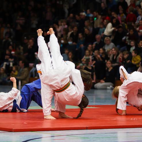 Zwei Kinder im Judoanzug üben auf einer roten Matte, umringt von Zuschauerinnen und Zuschauern in einem Wettkampfsaal.