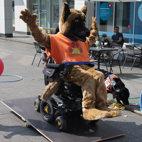 Mensch in einem Hundekost&uuml;m sitzt in einem Elektrorollstuhl auf einer B&uuml;hne, w&auml;hrend ein Assistenzhund neben ihm sitzt.