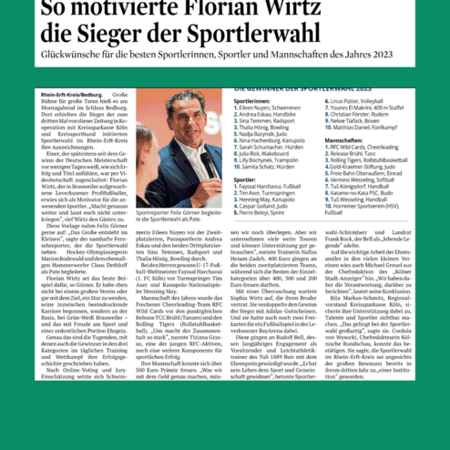 Artikel über die Sportlerwahl 2023 mit Florian Wirtz, der die Sieger motiviert, auf grünem Hintergrund.