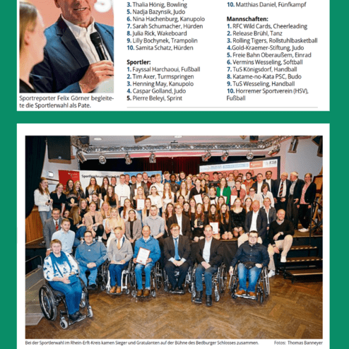 Gruppenfoto von Sportlern und Gratulanten bei der Sportlerwahl im Bedburger Schloss, gemeinsam auf der Bühne.