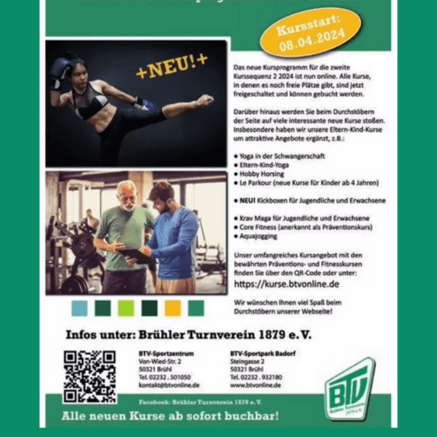 Grafik mit BTV-Kursangeboten für 2024, inklusive Informationen zu Fitnesskursen, Startdatum und QR-Code.