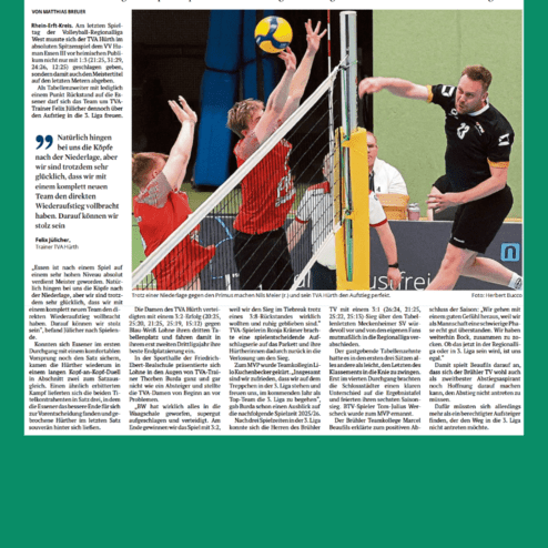 Zeitungsartikel über den Aufstieg der Hürther Volleyball-Herrenmannschaft in die 3. Liga mit Spielbericht und Spielerfotos.