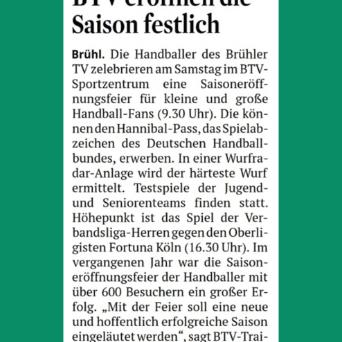 Ankündigung zur Saisoneröffnung der Handballer des Brühler TV mit Details zur Veranstaltung und den Höhepunkten.
