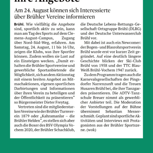 Artikel aus einer Zeitung über den Aktionstag der Brühler Sportvereine am 24. August zur Präsentation ihrer Angebote.
