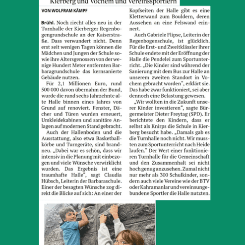 Artikel über die Sanierung einer Turnhalle zur Unterstützung von Schülern und Vereinen mit Kletterwand.