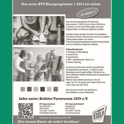 Werbung für das BTV-Kursprogramm 2024 mit Kursangeboten und Kontaktdaten auf grauem Hintergrund.