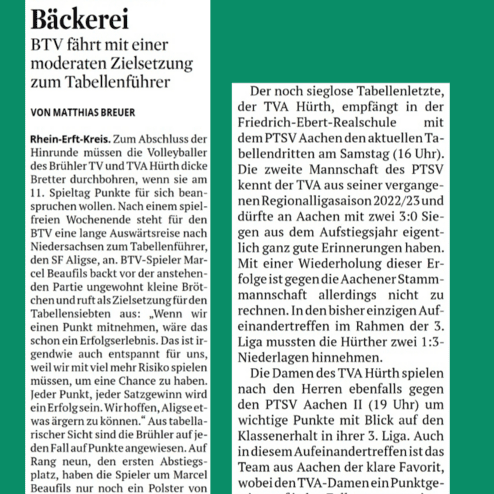 Artikel über Volleyballspiele des Brühler TV und TVA Hürth mit Informationen zu Gegnern und wichtigen Begegnungen.