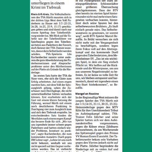 Artikel &uuml;ber die Volleyballmannschaft TVA H&uuml;rth, die in einem Krimi gegen VoR Paderborn mit 2:3 verlor.