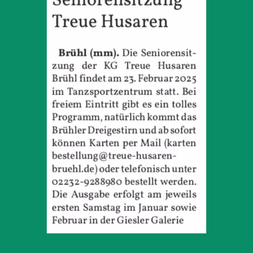 Zeitungsartikel &uuml;ber die Seniorsitzung der KG Treue Husaren in Br&uuml;hl am 23. Februar 2025 im Tanzsportzentrum.