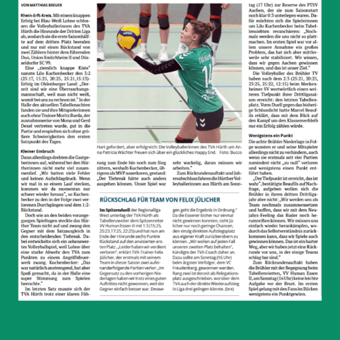 Artikel &uuml;ber ein Volleyballspiel der TVA H&uuml;rth, einschlie&szlig;lich Ergebnisse und Spielanalysen, auf einer Zeitungsseite.