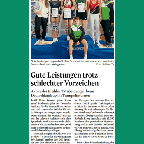 Sechs Trampolinturner des Br&uuml;hler TV posieren mit Urkunden auf einem Podest beim Deutschlandcup in Weingarten.
