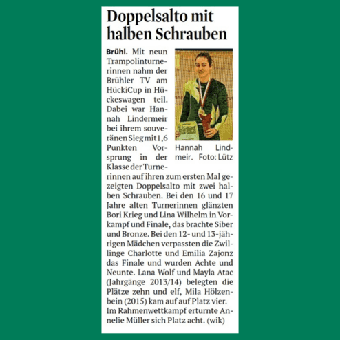 Artikel über den HücikCup mit Erwähnung von Hannah Lindermeirs Sieg im Trampolinturnen, inklusive Platzierungen anderer Turnerinnen.