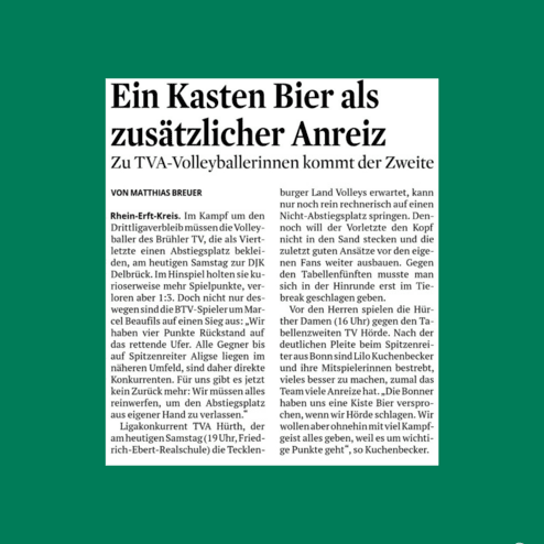 Artikel über Volleyballspiele des Brüher TV gegen DJK Delbrück, inklusive Anreize wie Bier für die Spieler.