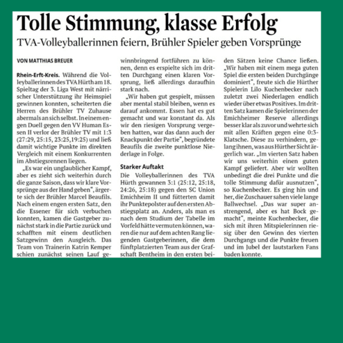 Zeitungsausschnitt über das Volleyballspiel zwischen TVA Hürth und Brühler TV, berichtet über Stimmung und Spielergebnisse.