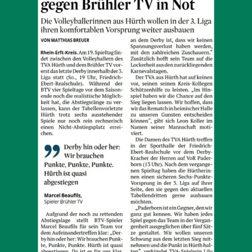 Artikel über ein Volleyball-Derby zwischen TVA Hürth und Brüher TV mit Kommentaren und Spielanalysen.