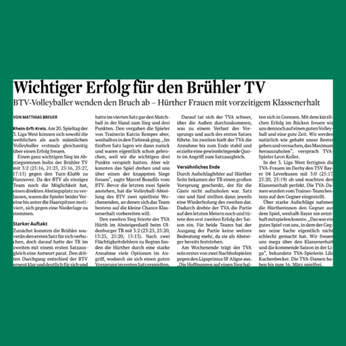 Artikel über einen Volleyballspielbericht des Brühler TV im Kölner Stadtanzeiger vom 29.02.2024.