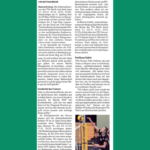 Tischtennisartikel mit Spielberichten und Statistiken über die TVA Hürth und BTV, ergänzt durch ein Foto von Spielerin Lilo Kuchenbecker.
