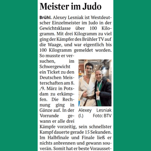 Bild einer Zeitungsannonce über Alexey Lesniak, der Westdeutscher Meister im Judo über 100 Kilogramm ist.