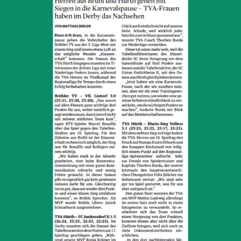 Artikel über die Volleyballspiele der Herren und Damen des Brühler TV und TVA Hürth in der Kölner Stadt-Anzeiger.