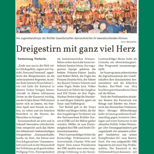 Jugendtanzkorps der Brühler Gesellschaften führt begeistert einen Auftritt auf einer bunten Bühne während des Karnevals auf.