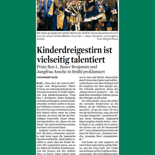 Proklamation der Kindertollitäten Prinz Ben I., Bauer Benjamin und Jungfrau Amelie beim Brühler Karneval mit Feierlichkeiten.