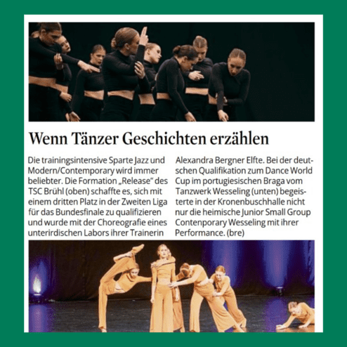 Gruppentanzaufführung mit sechs Tänzerinnen in gelben Kostümen auf einer dunklen Bühne.