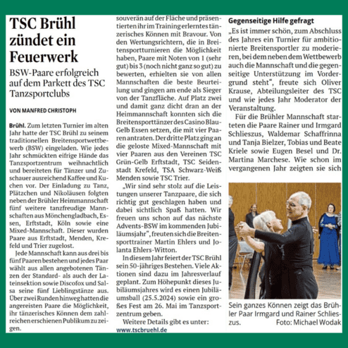 Artikel über ein Tanzturnier des TSC Brühl mit BSW-Paaren und sportlichen Erfolgen, begleitet von einer Fotografie.
