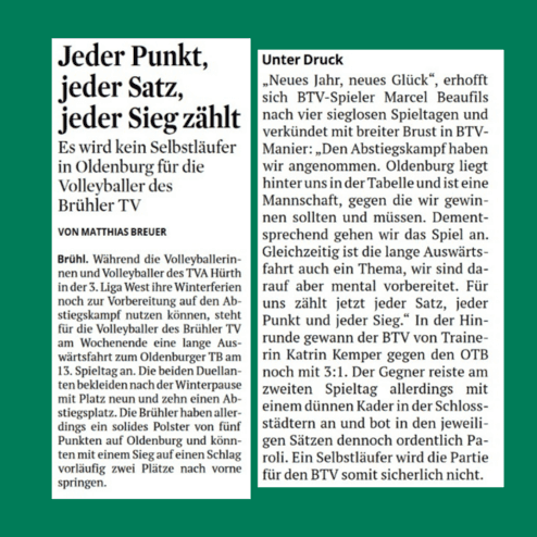 Artikel über die Volleyballmannschaft des Brüher TV mit Informationen zum Abstiegskampf und kommenden Spielen.