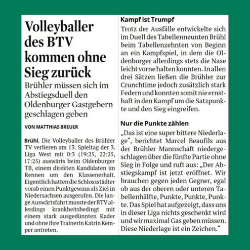 Artikel über das Volleyballspiel des BTV gegen Oldenburg mit Ergebnissen und Spielerkommentaren.