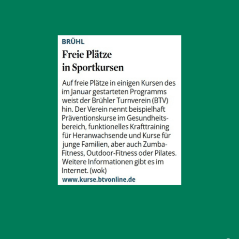 Ankündigung über freie Plätze in Sportkursen des Brühler Turnvereins mit Programminformationen.