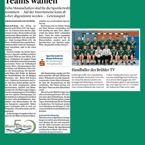 Zeitungsartikel über die Sportlerwahl im Rhein-Erft-Kreis mit Bild der Handballmannschaft des Brühler TV.