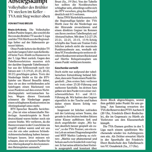 Artikel über ein Volleyballspiel des Brühler TV und TVA Hürth, mit Details zu den Spielverlauf und Tabellenplatz.