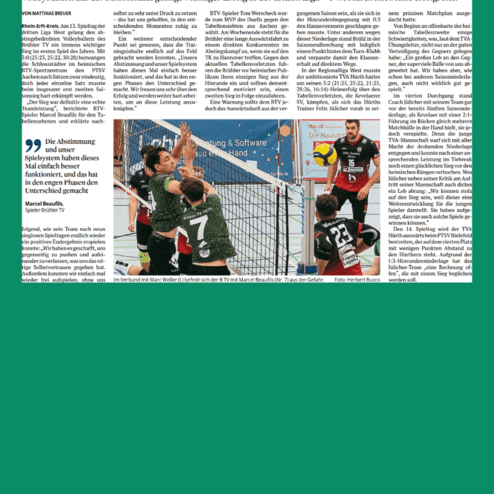 Bericht über den Volleyballsieg des Brühler TV in der dritten Liga, mit Spielern in Aktion am Netz.