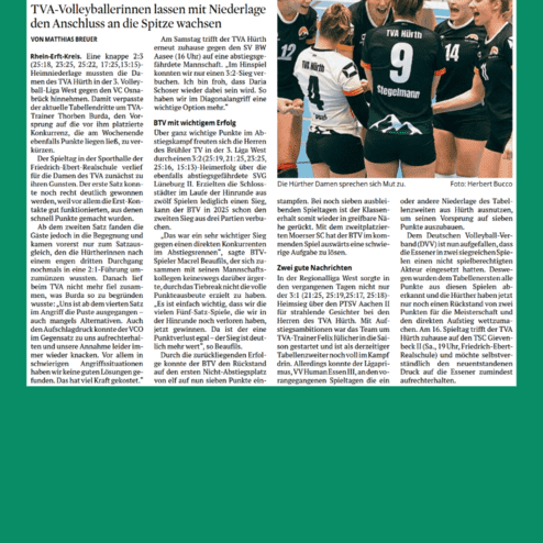 Artikel über die TVA Hürth Volleyball-Damen, die durch eine Niederlage den Anschluss an die Tabellenspitze verlieren.