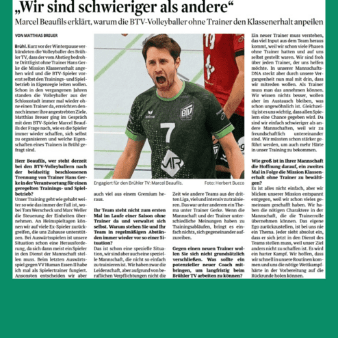 Artikel über die BTV-Volleyballer ohne Trainer und deren Herausforderungen im Trainingsbetrieb und der Spielsteuerung.