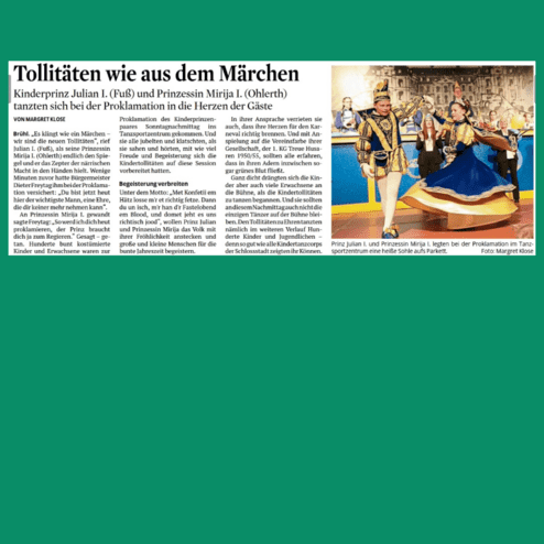 Prinz Julian I. und Prinzessin Mirja I. tanzen bei der Proklamation auf einer Bühne vor Publikum in festlicher Kleidung.