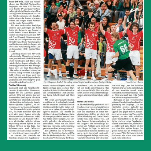 Artikel über Handball-Derby zwischen BTV und TuS Wesseling mit Spielbildern und Informationen zur Saison.
