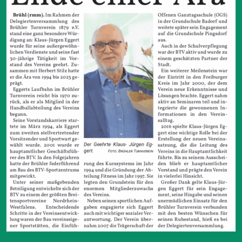 Portrait von Klaus-Jürgen Eggert, geehrt für seine Verdienste im Brühler Turnverein, mit Steckbrief im Hintergrund.