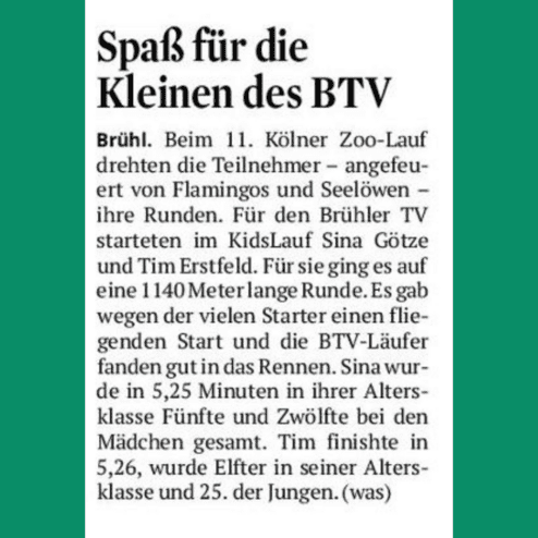 Artikel über den 11. Kölner Zoo-Lauf mit Ergebnissen und Leistungen der Kinder des BTV.
