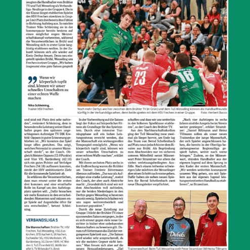 Artikel über die Handballteams Brühler TV und TuS Wesseling in der Verbandsliga, Spieler in Aktion während eines Spiels.
