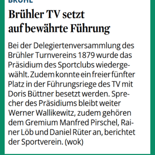 Artikel über die Wiederwahl des Präsidiums des Brühler Turnvereins 1879 und neue Mitglieder im Führungsgremium.