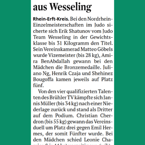 Artikel über Judo-Ergebnisse aus Wesseling mit Berichten zu Gold, Silber und Bronze für verschiedene Athleten.