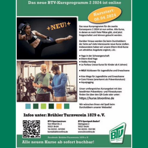 Anzeige für BTV-Kurse mit Fitnessangeboten, Bildern von Sport und Informationen über Kursstart am 08.04.2024.
