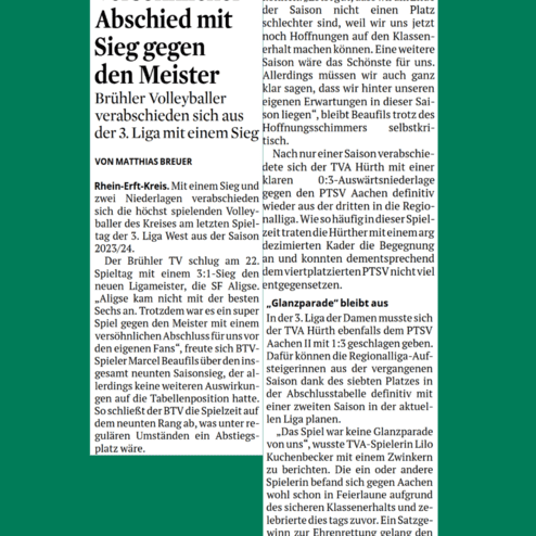 Artikel über den Abschied der Brühler Volleyballer aus der 3. Liga nach einem Sieg gegen den Meister, 22.03.2024.