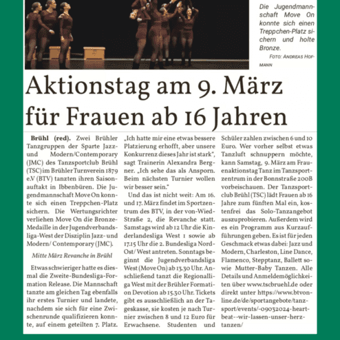 Artikel über einen Aktionstag der Brühler Tanzgruppen für Frauen ab 16 Jahren mit Informationen zu Veranstaltungen und Teilnehmern.