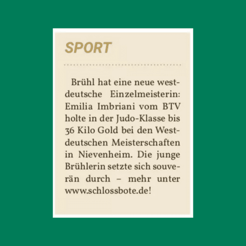 Artikel über Emilia Imbriani, neue westdeutsche Judo-Einzelmeisterin des BTV, mit 36 kg Gold in Nievenheim.