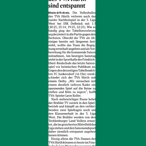 Artikel über Volleyballerinnen des TVA Hürth, die ein Nachholspiel verloren haben und sich auf die kommende Saison vorbereiten.