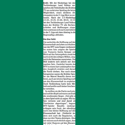 Zeitungsartikel über das Volleyballspiel des Brühler TV gegen Tecklenburger Land Volleys mit Abstiegsthematik.