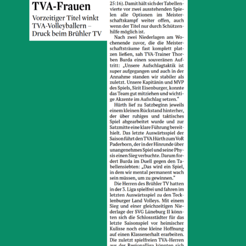 Artikel über die Volleyballmannschaft TVA Hürth mit Informationen zu Meisterschaft und Spielverlauf in der 3. Liga West.